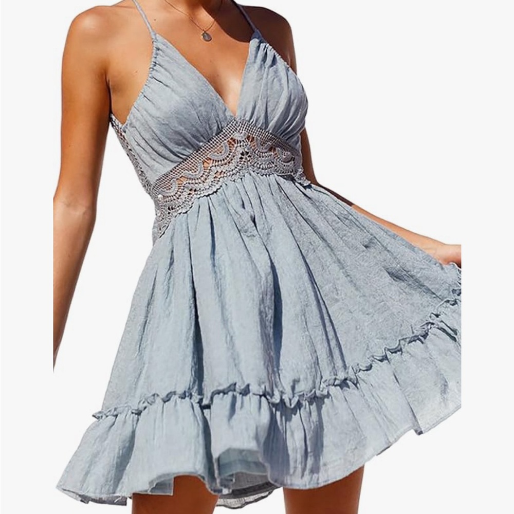 Elegant Blue Lace Trim Dress